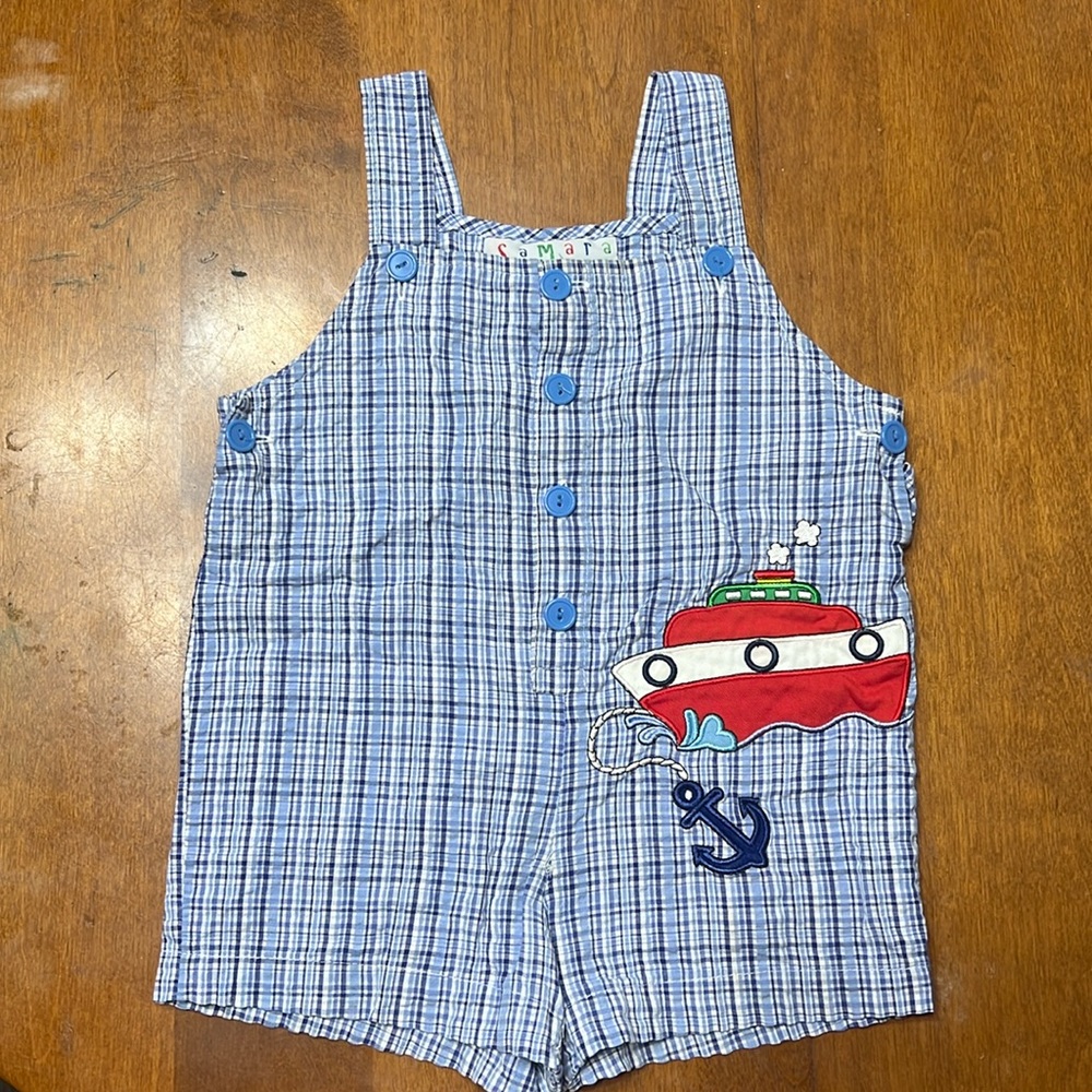 Samara Romper Boys Size 2t Vintage Tug Boat Plaid Cotton Blue